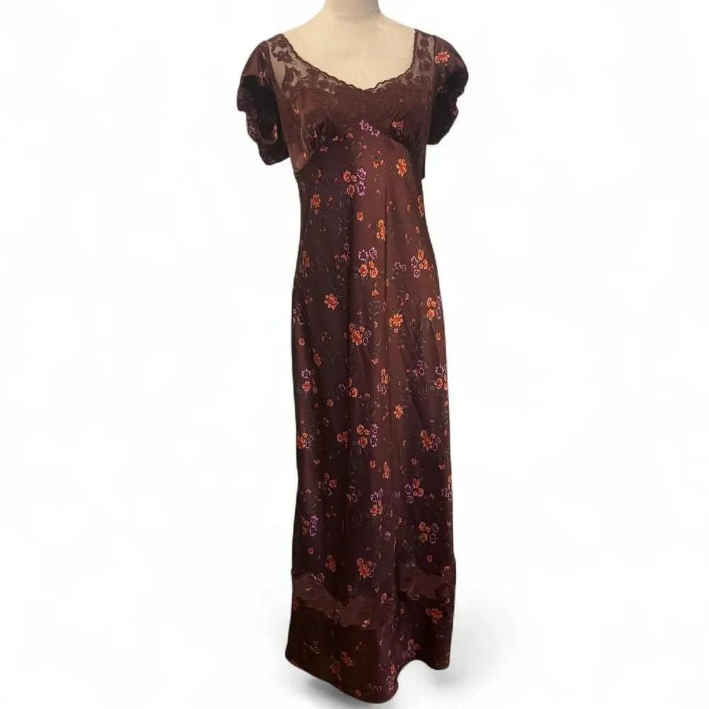 Free People Butterfly Babe Brown Floral Milkmaid Maxi Slip Dress Bias Cut Size L - Picture 2 of 8